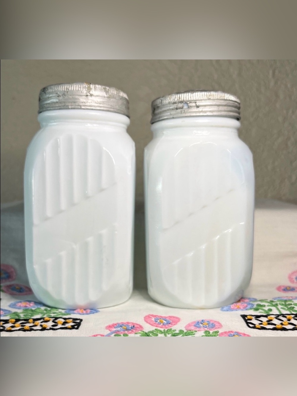Vintage White Glass Salt and Pepper Shakers with Silver Lids - Home Accents